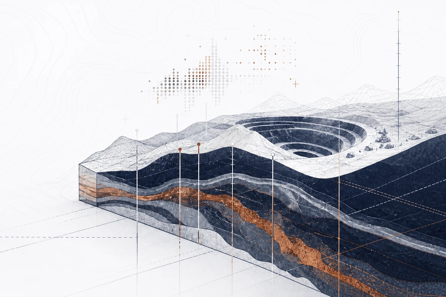 Technical illustration of an open-pit mine and layered geological model